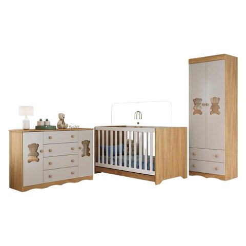 Quarto de Bebê Completo com Berço Americano 3 em 1 Doçura Multimóveis Mp4810 Madeirado/Off White