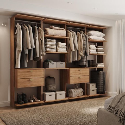 Guarda-Roupas Closet Modulado Alasca 240cm 4 Peças com 4 Gavetas e Cabideiros Freijó Carraro