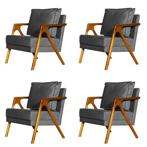 Kit 4 Poltronas Cadeira Mona Luxo Recepção - Linho Cinza