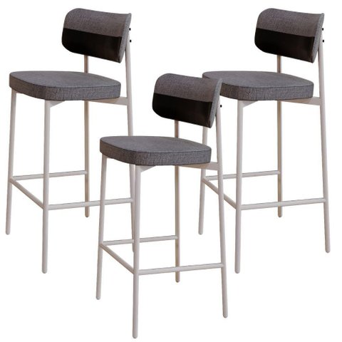 Kit 03 Banquetas Alta Bar Cozinha Sala de Jantar Aço Branco Kaira C01 Linho Cinza Courino Preto -