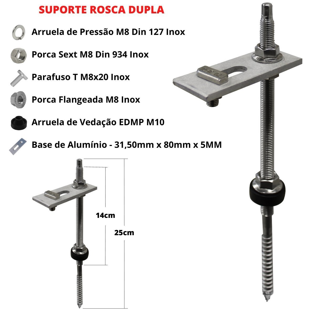 Kit Estrutura Suporte Fixador Para 08 Placas Solar Alumínio e Inox Telha Fibro Ondulada em Viga Made - 3