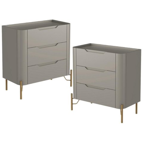 Kit 02 Mesas de Cabeceira Orgânica 3 Gavetas Pés Industrial Dourado Bliss I03 Grigio - Lyam Decor
