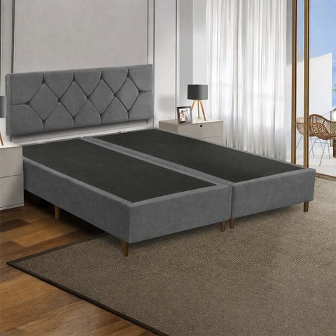 Base Cama Box King Bipartida 1,93 x 2,03 m Cecília Vilajo – Suede Cinza