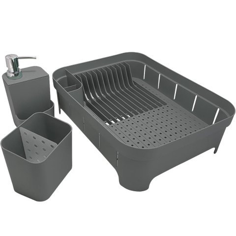 Kit 3 Utensílios Escorredor de Louça Talher Porta Detergente Chumbo