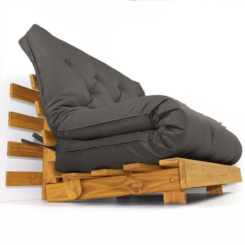 Sofá Cama Casal Futon Tokio Chumbo Sarja Impermeável Madeira Maciça Cor Mel