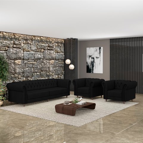 Conjunto Sala de Estar 1 Sofá Living 240cm e 2 Poltronas Stanford Chesterfield Pés Madeira Couro Pre