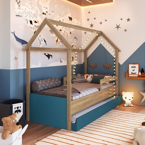 Cama Infantil Montessoriana Casinha com Cama Auxiliar Ccm020 Infanto Aveiro Oak Azul Completa Móveis