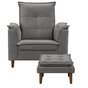 Poltrona Decorativa + Mini Puff Opala Tecido Suede Cinza - Fri Varejo