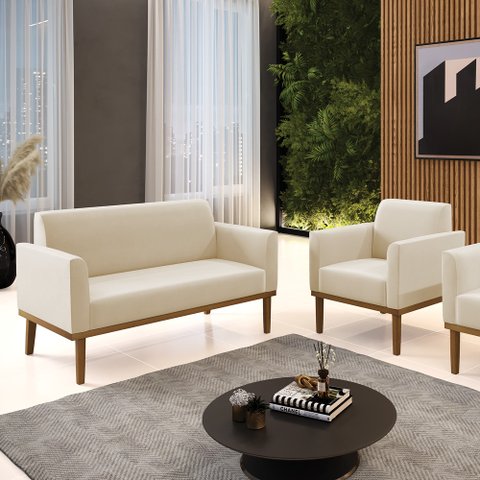Conjunto Poltrona e Namoradeira Decorativa Isabella Pés Fixo em Madeira Castanho Suede Bege G19 - Gr