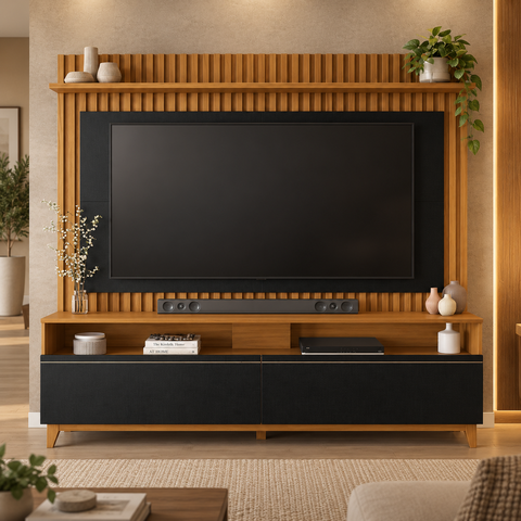 Rack com Painel Ripado para TV até 65 Polegadas 2 Portas Freijó/Preto - Notável Móveis