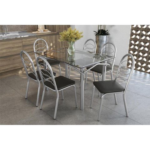 Conjunto: Mesa de Cozinha Elba c/ Tampo de Vidro 120cm + 6 Cadeiras Holanda Cromada - Assento Preto