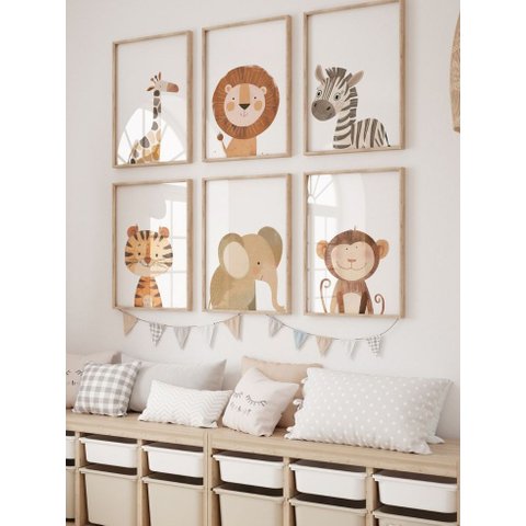 Kit 6 Quadros Decorativos Infantil Animais Safari No2