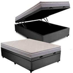 Cama Box Baú Casal Colchão Espuma D45 Bordado + Box Suede Cinza 61x138x188 - 1