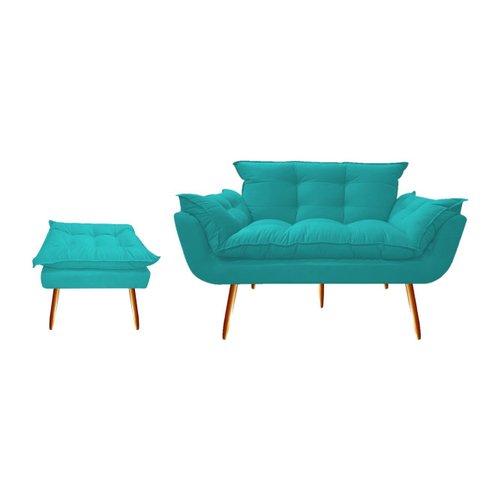 Kit Namoradeira +1 Puff Puf Decorativo Opala Suede Azul Tifany Pés Madeira Mz Decor