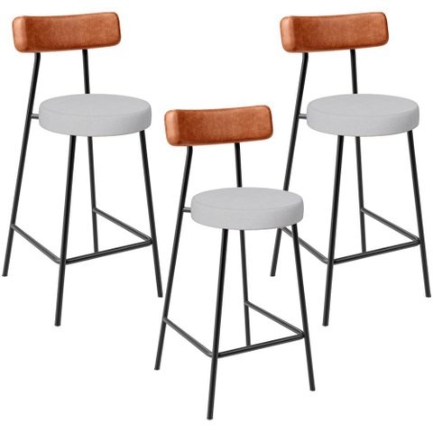 Kit 03 Banquetas Baixa Bar Cozinha Sala Jantar Milão L02 Couríssimo Camel Linho Cinza - lyam