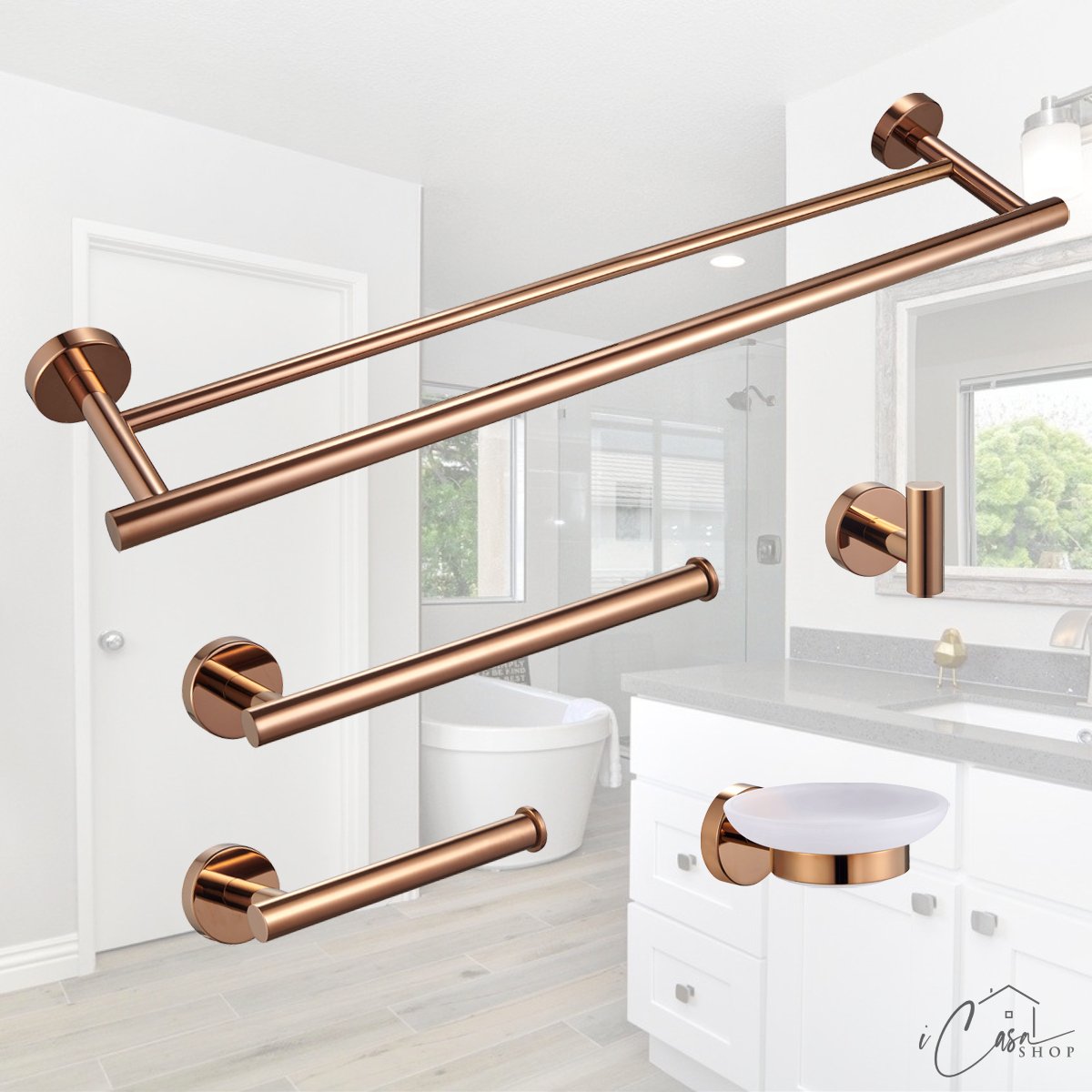 Kit de Acessórios para Banheiro 5 peças Rose Gold Tubular Aço Inox Premium - 8