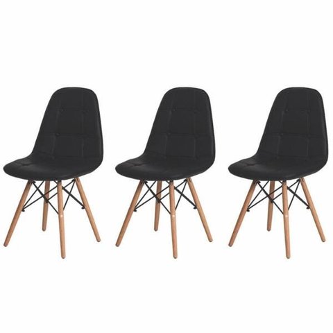 Kit 3 Cadeiras Charles Eames Eiffel Botone Base Madeira Preta