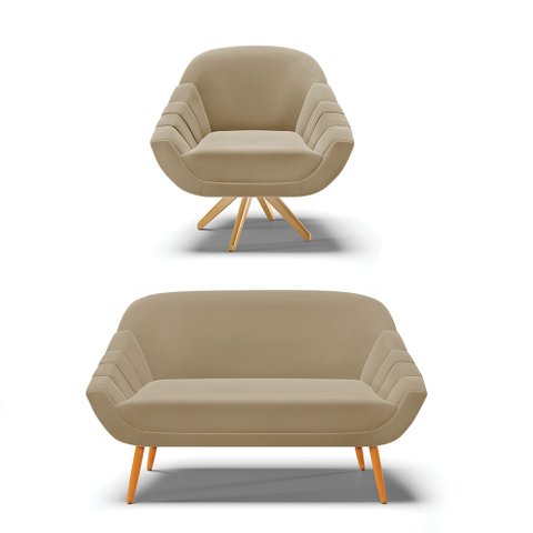 Kit 01 Namoradeira 02 Lugares e 01 Poltrona Giratória Giovana Suede Marrom Rato Base Madeira MA30