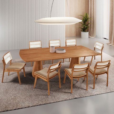 Sala de Jantar Mesa Noronha 220cm Tampo Laminado Canto Barril com 8 Cadeiras Eva Premium