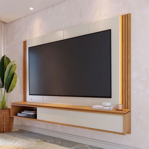 Painel para Tv até 75 Polegadas Loa 2 Portas Ripado com Led Off White Matte/freijó - Colibri