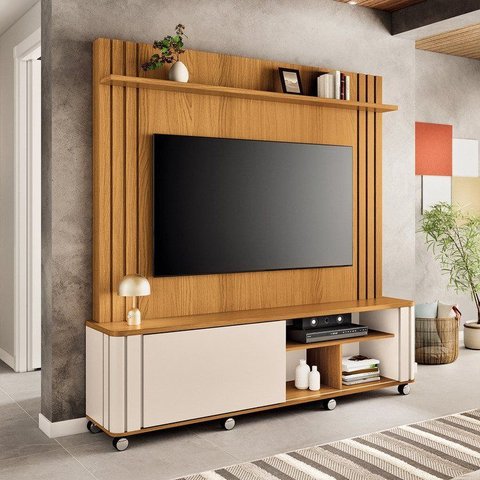 Estante Home para TV até 70 Polegadas 189x180cm Orgânico 1 Porta Ripado Hibris Espresso Móvei