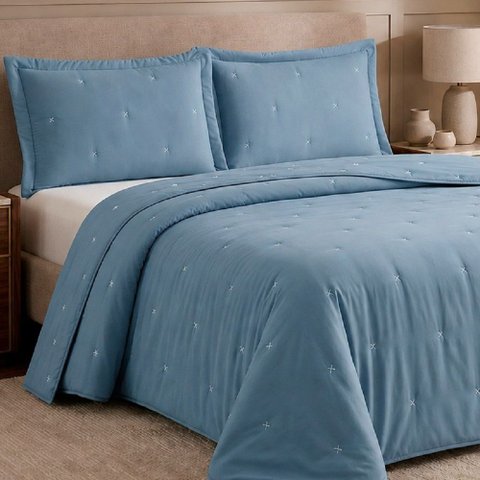 Cobre Leito Casal Stella Bordado 3PÇ Percal - Azul