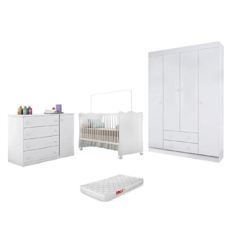 Quarto Infantil MDF Flat Mel Berço Doce Sonho com Colchão + Guarda-Roupa Roupeiro e Cômoda