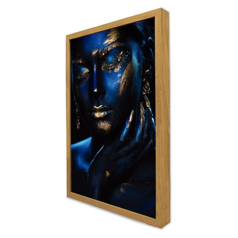 Quadro Decorativo Caixa Mulher Azul Tacolado Moldura Caixa 3cm Freijó com Vidro 80 X 120cm