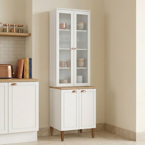 Paneleiro de Cozinha com 4 Portas e Vidro Americana Branco Nobre