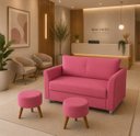 Ver imagem 3 de Kit Namoradeira Lisboa 2 Lugares + 2 Puffs Redondos em Suede para Sala Rosé Conforto e Luxo