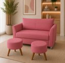 Ver imagem 1 de Kit Namoradeira Lisboa 2 Lugares + 2 Puffs Redondos em Suede para Sala Rosé Conforto e Luxo