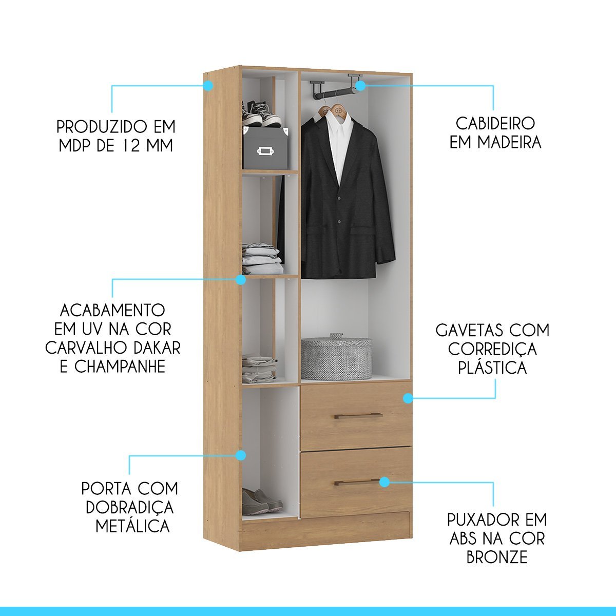 Roupeiro Guarda Roupa Solteiro com 3 Portas 70x172cm Mdp Carvalho 8003 Menu - 3