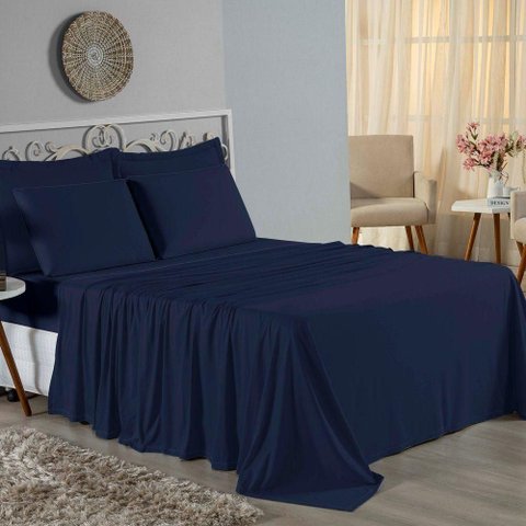 Jogo de Cama Casal Nobre 4 Peças Lençol com Elástico de 30cm de Altura Malha 100% Algodão - Azul
