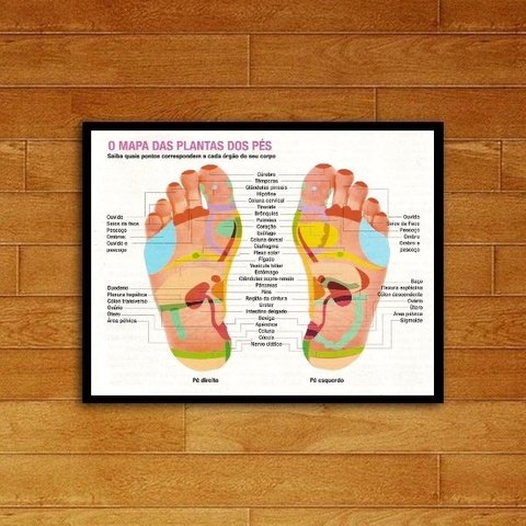 Quadro Mapa Reflexologia Podal 33x24cm - com vidro:Madeira preta