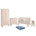 Ver imagem 1 de Dormitório Infantil Theo Retrô 2 Portas, Cômoda, Berço, Mesa de Apoio Rosa com Pés Amadeirado e Colc