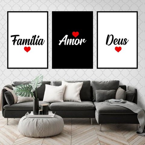 Kit 3 Quadros Família, Deus e Amor 24x18cm - com vidro:Madeira branca