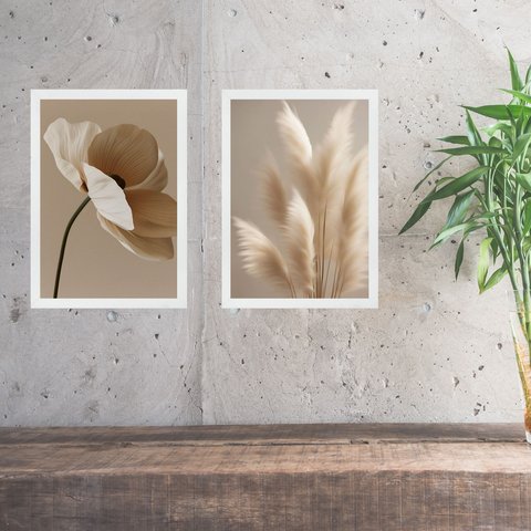 Kit 2 Quadros Fotografias Flores Bege - Quarto Sala 24x18cm:moldura Branca