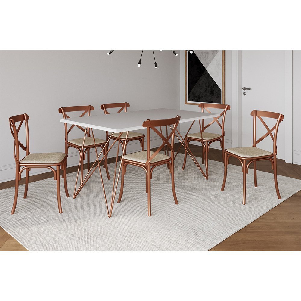 Conjunto Mesa de Jantar 6 Cadeiras Katrina Cobre Trama Premium Cobre e Branco 150 Cm