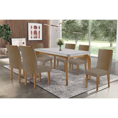 Sala de Jantar Completa Londrina C/ Tampo Madeirado C/ Vidro Canto Curvo 180x90cm e 6 Cadeiras