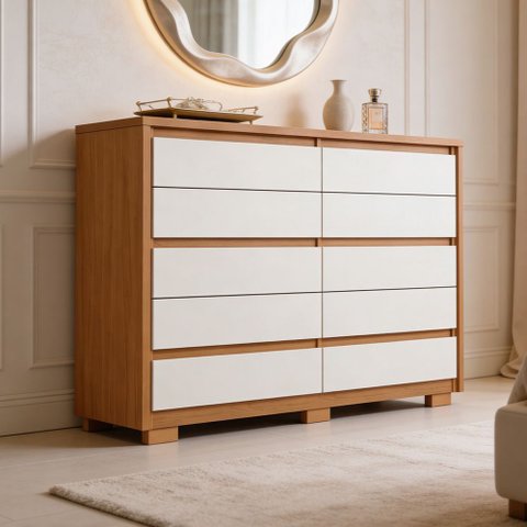 Cômoda Grande para Quarto 10 Gavetas Marselha A04 Cinamomo Off White - Lyam Decor