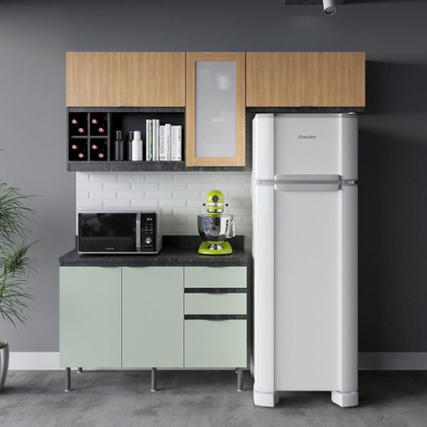 Cozinha Modulada Esmeralda Aéreo e Balcão 200cm Porta Vidro Cor:lunar com Verde Mar e Freijó