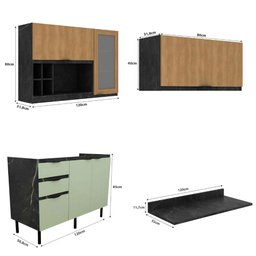 Cozinha Modulada Esmeralda Aéreo e Balcão 200cm Porta Vidro Cor:lunar com Verde Mar e Freijó - 5