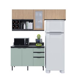 Cozinha Modulada Esmeralda Aéreo e Balcão 200cm Porta Vidro Cor:lunar com Verde Mar e Freijó - 4