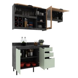 Cozinha Modulada Esmeralda Aéreo e Balcão 200cm Porta Vidro Cor:lunar com Verde Mar e Freijó - 7