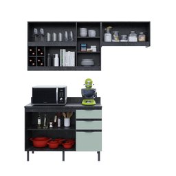Cozinha Modulada Esmeralda Aéreo e Balcão 200cm Porta Vidro Cor:lunar com Verde Mar e Freijó - 6