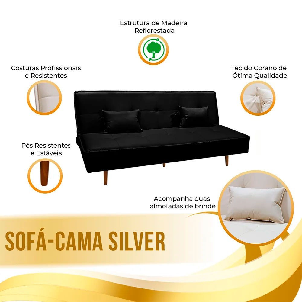 Sofá Cama Silver 3 Lugares Reclinável 1,93 Corino Preto - Speciale Home - 7