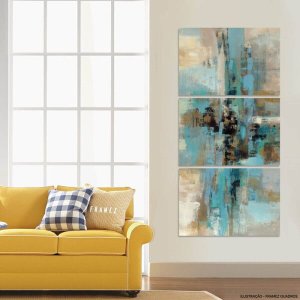 Quadro Abstrato Turquesa Vertical para Corredor Sala Hall 3 Peças