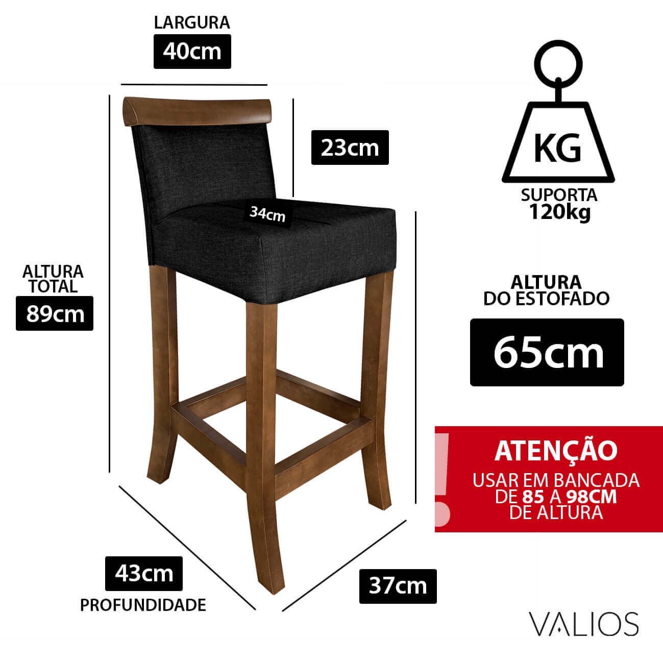 Cadeira Alta Bancada Banqueta Banco Alto Area Gourmet 65cm Valios Banqueta Alta Creta - 3