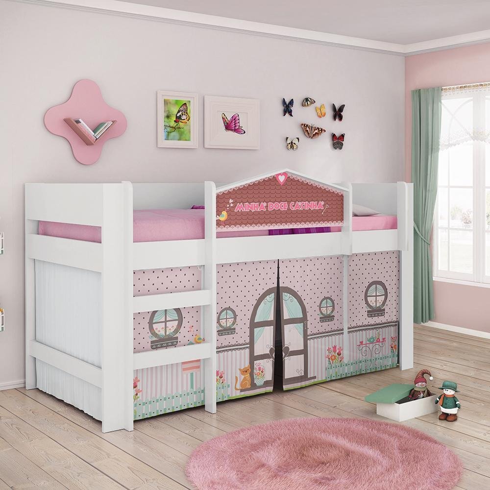 Cama com Escorregador com Dossel Doce Casinha com Colchão