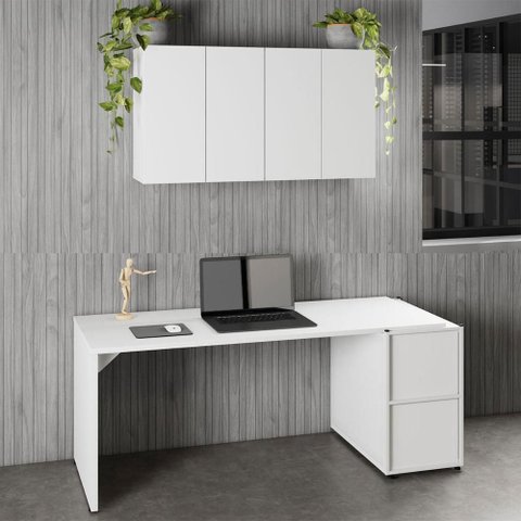 Mesa Escrivaninha 1,70m Pé Painel C/ 2 Armários Aéreos F5 Cor:branco